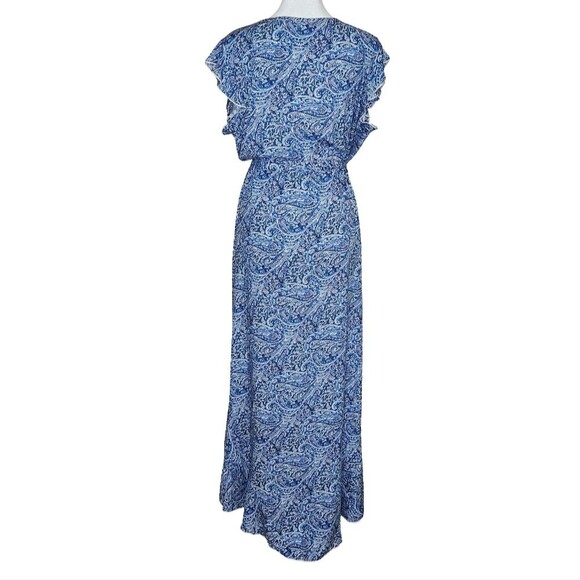 Grecerelle Hi Low Dress Faux Wrap Front Flutter Sleeve Blue Paisley Print XL - Picture 5 of 14